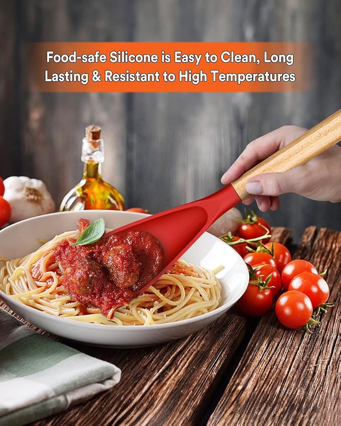 Cooking Spoon for Nonstick Cookwares, Great for Cooking and Serving Sturdy BPA-Free Matte Silicone, Wood Handle Spoon for Mixing, Scoop, and Scrape (2 Pack of Red, 13.4 inch)