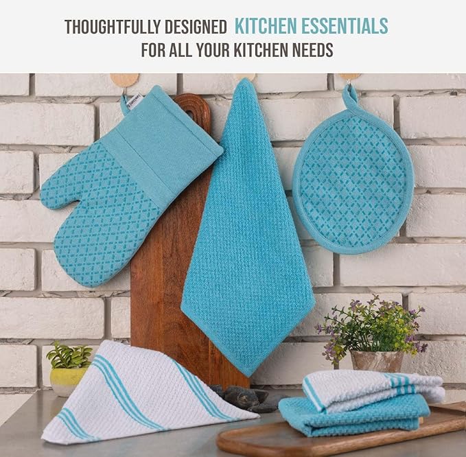 Lane Linen 16Pc Kitchen Towel Set - Heat Resistant Oven Mitts & Pot Holders, Reusable Dish Cloths, Absorbent Hand Towels - Aqua