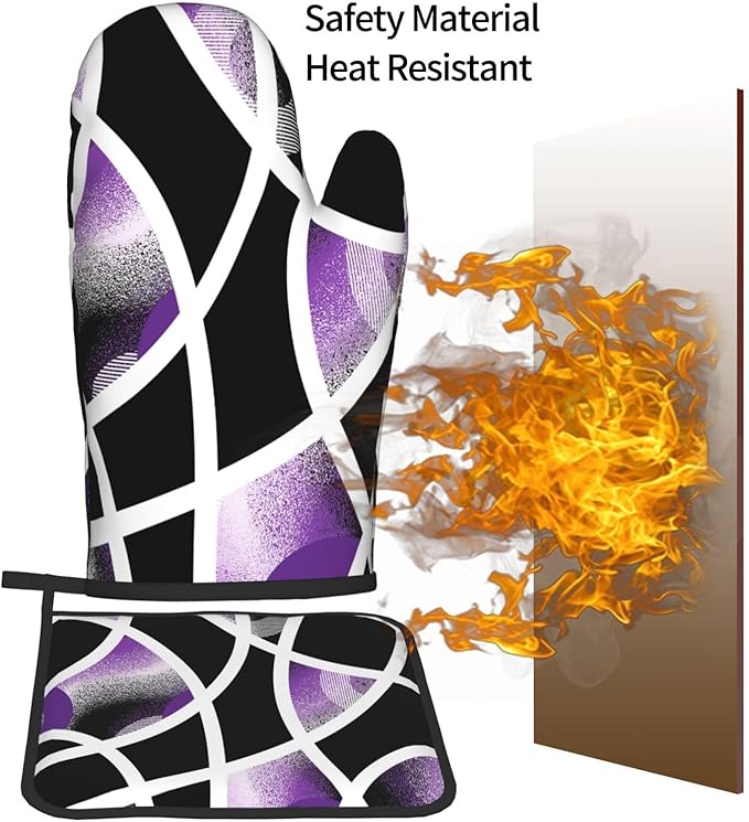 3-Piece Purple Black Abstract Geometric Oven Mitts and Pot Holders Set, Heat Resistant Modern Art Kitchen Gloves Hot Pads for Baking Cooking Grilling, Chef Gifts for Cooking Lovers, Home Decor, Purple