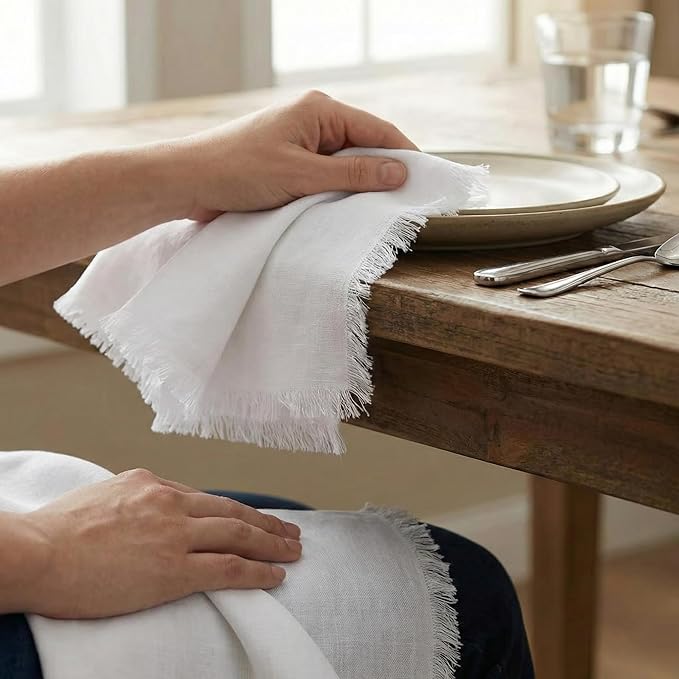 ACCENTHOME White Cotton Linen Napkin Set of 12 18x18 inch Dinner Napkins - Washable Soft Premium Hotel Quality Reusable Hemmed Edges Napkins Perfect Table Linens for Family Dinners, Weddings
