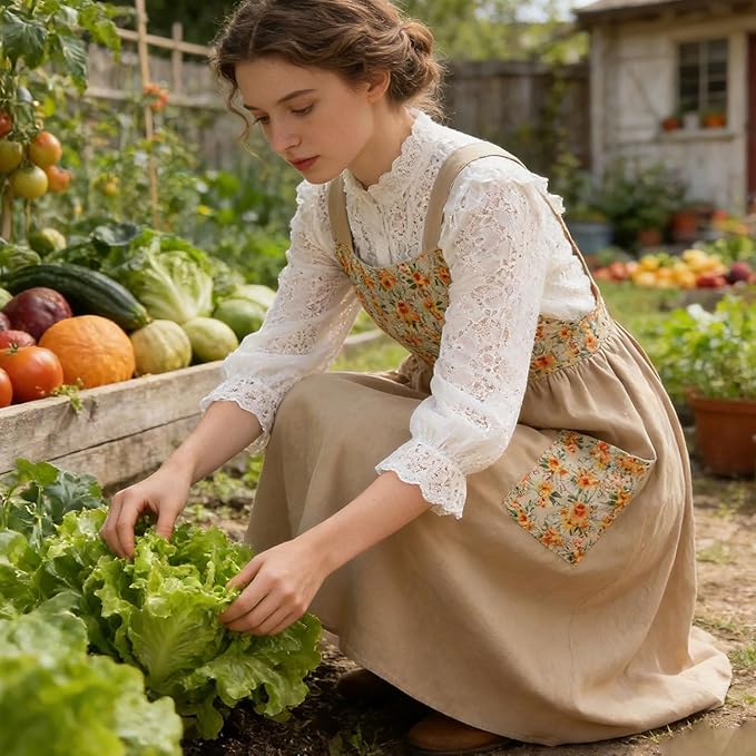 Uaussi Cotton Linen Apron Cross Back Work Apron for Women with Pockets Pinafore Dress X Cross Halter Apron for Chef Gardening