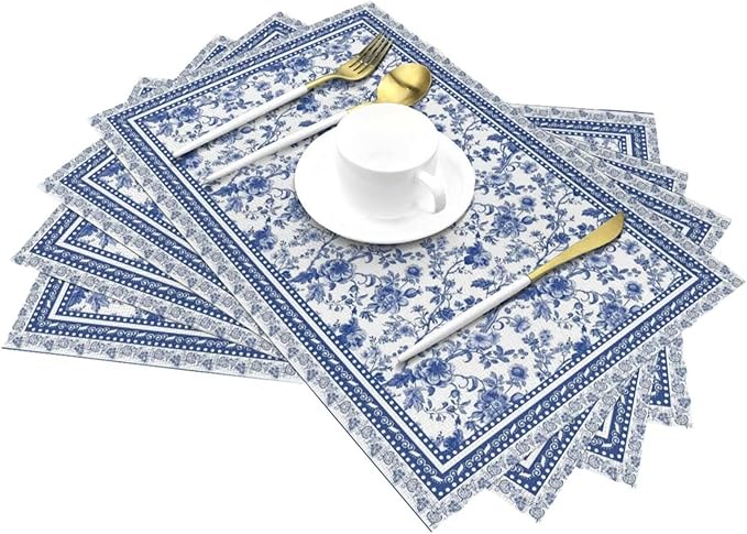 Floral Placemats 12x18 Inch Set of 4, Flower Print Linen Table Place Mat Neutral Vintage Decoration Washable Table Mats Blue Floral Decorative Linen Fabric Table Mat for Dining Table