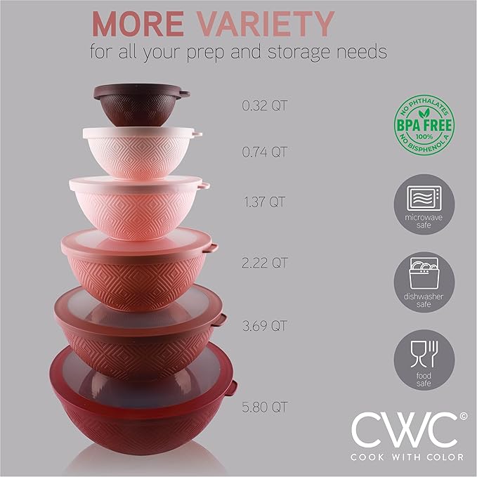 COOK WITH COLOR Mixing Bowls with Lids - 12 Piece Plastic Nesting Bowls Set includes 6 Prep Bowls and 6 Lids, Microwave Safe Mixing Bowl Set, Rose Rhombus