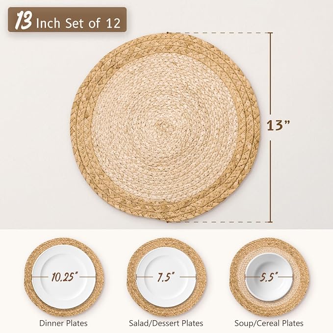 13 in Woven Placemats Plate Chargers Set of 12, Boho Farmhouse Rustic Round Place Mats for Dining Table Decor, Rattan Wicker Table Mats Chargers for Dinner Plates