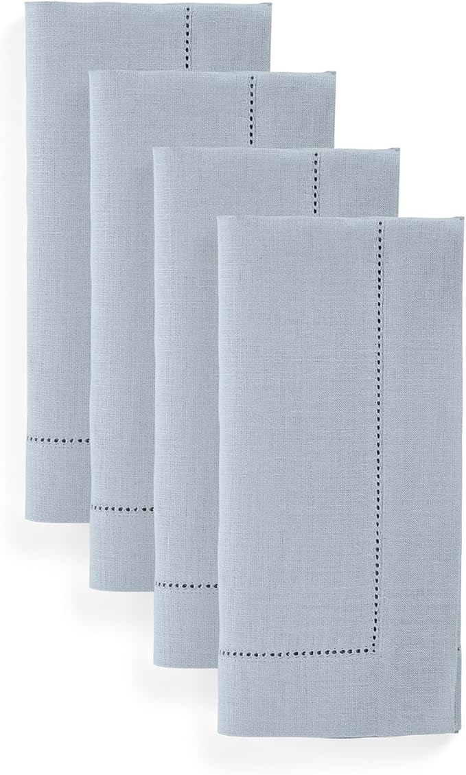 Solino Home Dusty Blue Linen Napkins Set of 4-100% Pure Linen Hemstitch Dinner Napkins 20 x 20 Inch for Spring, Summer, Mothers Day - Classic Hemstitch