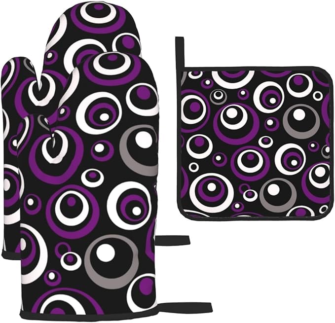 Purple Black White Retro Circular Oven Mitts & Pot Holders Sets of 3, Heat Resistant Modern Abstract Art Oven Gloves and Hot Pad for Home Cooking Baking Grilling, Baking Gifts for Women, Kitchen Decor