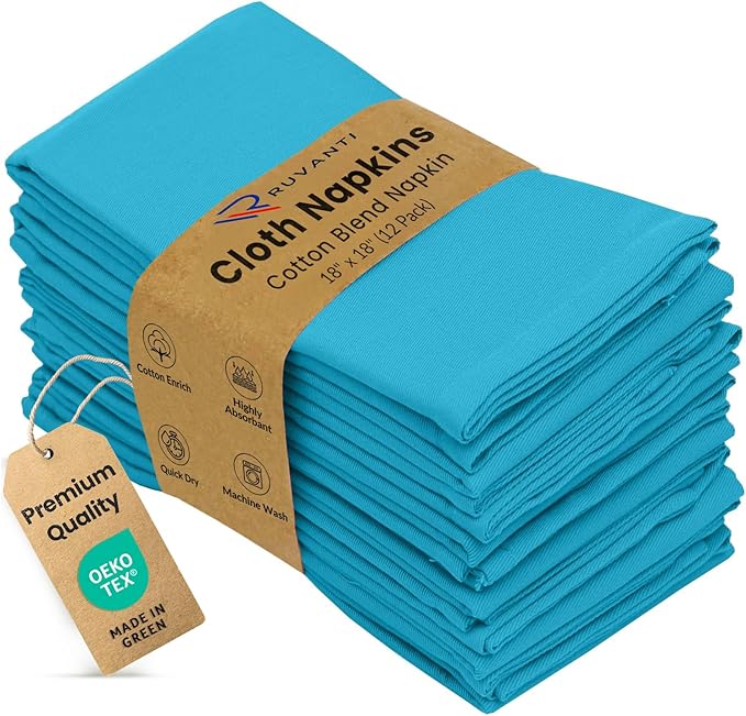 Ruvanti Cloth Napkins set of 12, 18x18 Inches Napkins Cloth Washable, Soft, Durable, Absorbent, Cotton Blend. Table Dinner Napkins Cloth for Hotel, Lunch, Restaurant, Wedding Event, Parties - Sky Blue