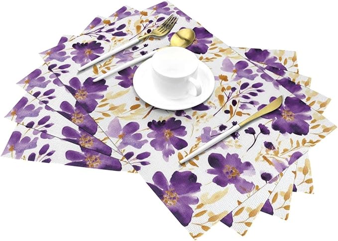 Purple Floral Linen Placemats Set of 4, Gold Accented Flowers Printed Place Mats for Dining Table, Kitchen, Party, Heat Resistant Non-Slip Purple Table Mats, Gift for Wedding, Spring Easter Home Decor
