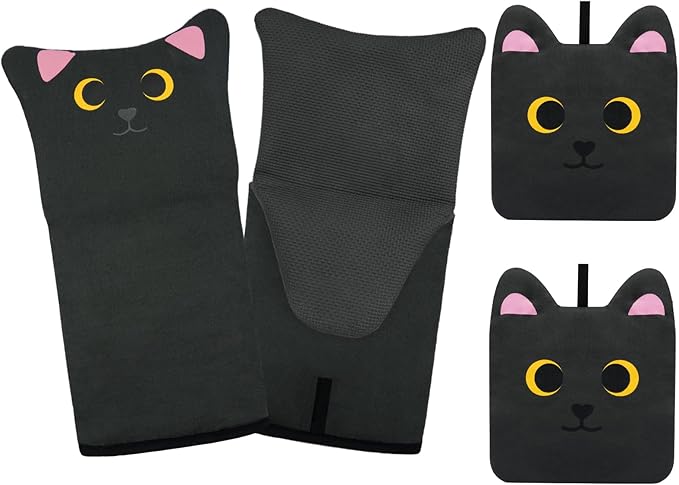 Oven Mitts, Cute Black Cat Silicone Oven Mitts and Pot Holders Sets, Funny Cooking Gloves with Potholders for Kitchen Heat Resistant, Soft Cotton Inner Lining Gloves for Baking,Microwave