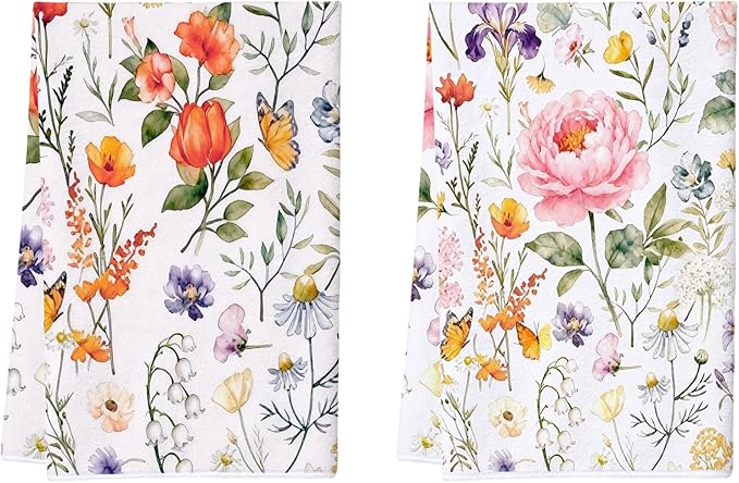 2Pcs Floral Kitchen Towels-16×24in Spring Dish Towels, Super Absorbent & Quick Dry Flower Decor Hand Towels for Spring Summer Home Decor Easter Mother‘s Day Gifts