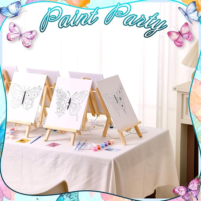 Motipuns 12 Set Pre Drawn Canvas for Painting for Adults Sip and Paint Kit with Easels 8 x 10 Inches Paint Party Kit with Printed Canvas Paints Brushes Palette Bag Apron(Butterfly Flower)