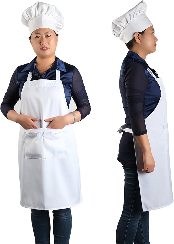 yotache Chef Apron and Hat Set, Chef Hat and Kitchen Apron Adult Adjustable White Baker Costume for Men and Women, 1 Set (33" L x 26" W)