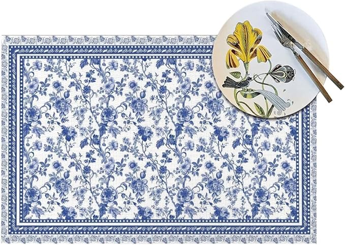 Floral Placemats 12x18 Inch Set of 4, Flower Print Linen Table Place Mat Neutral Vintage Decoration Washable Table Mats Blue Floral Decorative Linen Fabric Table Mat for Dining Table