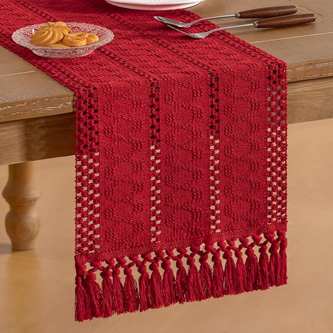 Socomi Boho Table Runner Easter Spring Farmhouse Rustic Dining Kitchen Centerpiece Decor Small Macrame Woven Cotton Linen Coffee Table Runner for Dresser Scarf Home Decor 12x48 in Red