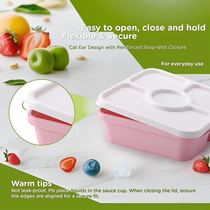 Bento Snack Box Containers, Kids Adults Bento Lunch Box Containers, 4 Pack Meal Food Prep Containers Reusable with Lids, Divided Food Storage Containers with Sauce Cups, Pastel Color