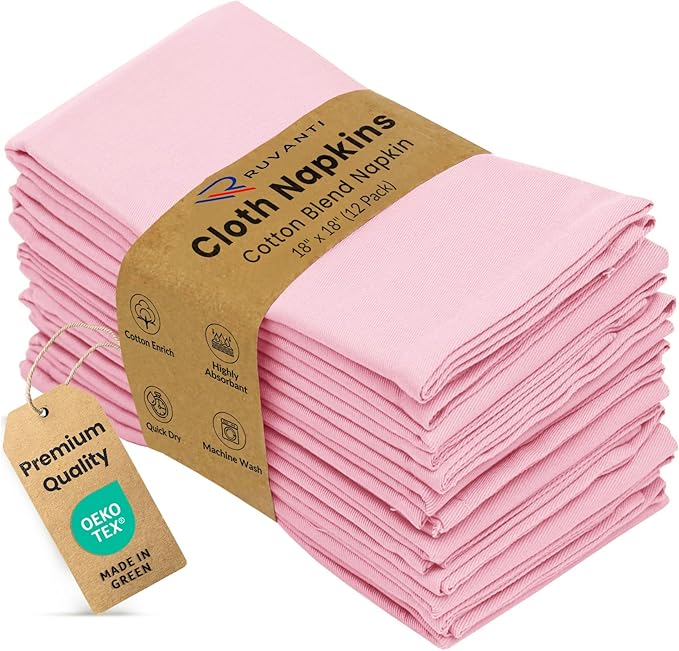 Ruvanti Cloth Napkins Set of 12, 18x18 Inches Napkins Cloth Washable, Soft, Durable, Absorbent, Cotton Blend. Table Dinner Napkins Cloth for Hotel, Christmas, Dinner, Parties - Pink