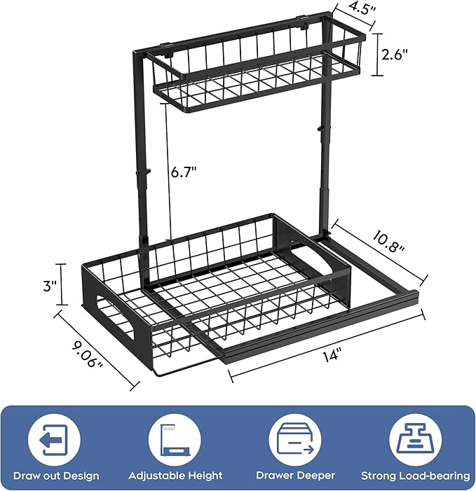 Under Sink Organizer, 2 Pack Cabinet Organizer for Kitchen, Height Adjustable Pull Out Heavy Duty 2 Tier Metal Under Sink Storage for Bathroom Pantry (Black, 2 Pack)
