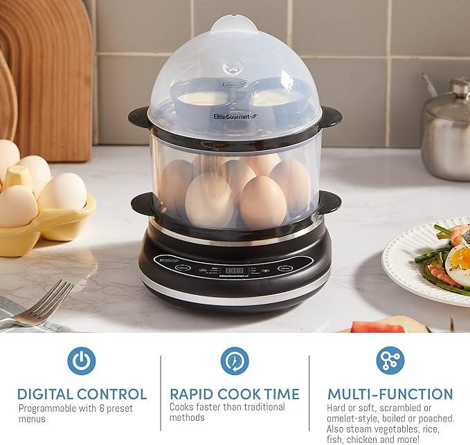 Elite Gourmet EGC314CB Digital Easy Egg Cooker Food Steamer, Poacher, Omelet, Soft, Medium, Hard-Boiled Egg with 6 Programmed Preset Functions, 2-Tiers, Measuring Cup, 14 egg capacity, Black