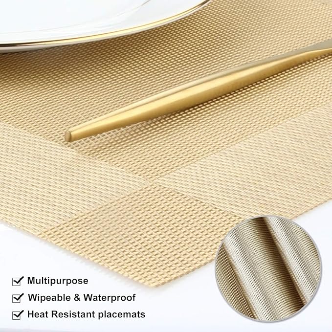 DACHUI Placemats Set of 8, Stylish Woven Place Mats for Dining Table, Washable & Durable PVC Table Mats (Gold)