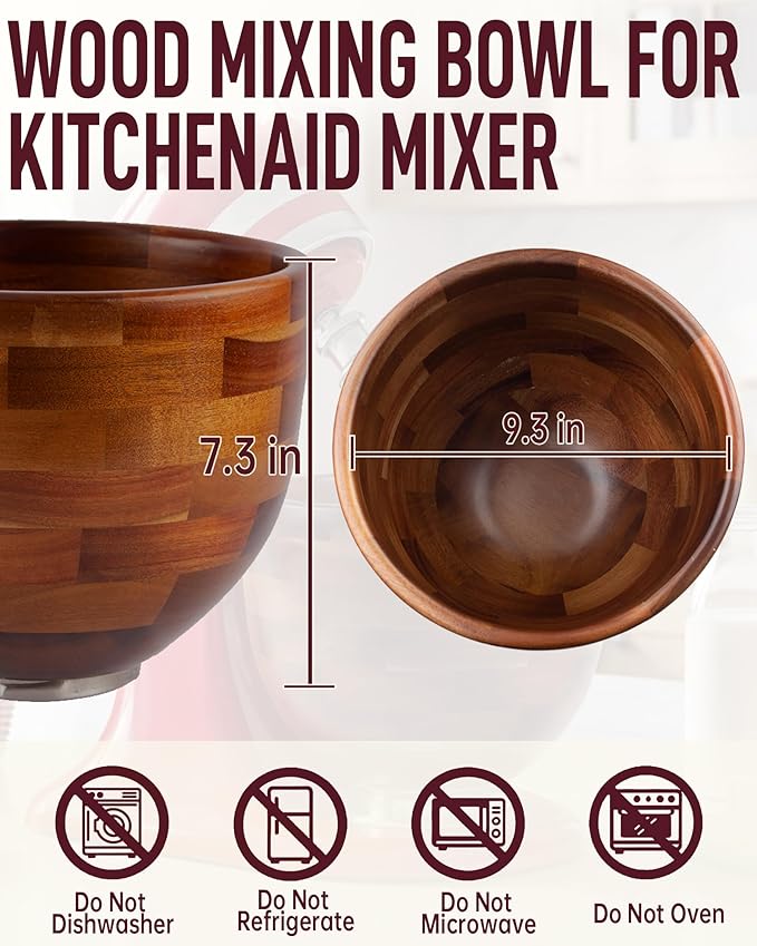 Wood Mixing Bowl Compatible with KitchenAid 4.5 & 5 Qt Tilt-Head Stand Mixer, 5QT Wooden Bowl with Stainless Steel Base, Natural Nonstick Mixing Bowl, Gift for Bakers