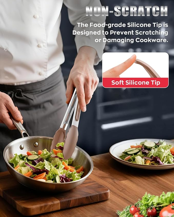 600ºF Heat Resistant Kitchen Tongs, Premium Locking Cooking Tongs with Silicone Tips, Non-Slip Food Tongs for Cooking, Non-Stick, Heavy Duty Stainless Steel Handle, Set of 3-7" 9" and 12" Mud color