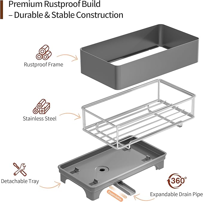 MOUKABAL Sponge Holder for Kitchen Sink – Rustproof Stainless Steel, 360° Rotating Drain Pipe, Large Counter Organizer with Drip Tray for Sponges, Brushes & Dish Cloths Grey