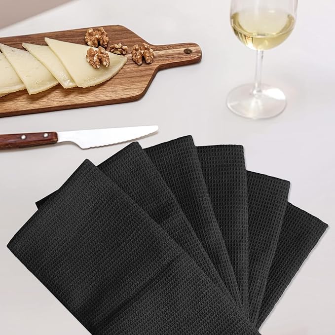 QUILTINA Dish Towels Set - 17 x 25 Inches 6 Pack Black 100% Cotton Waffle Weave Kitchen Towels, Ultra Soft Absorbent Quick Dish Towels for Kitchen Drying and Cleaning
