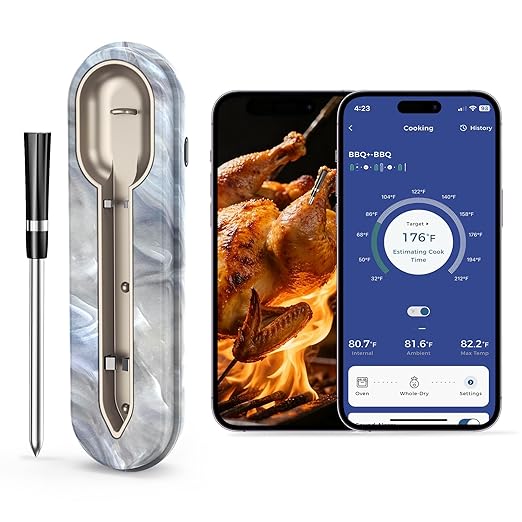 Wireless Meat Thermometer with Unique Stone Texture, Smart APP Control, 500 Ft Remote Range, Dual Alarm, Waterproof Cooking Thermometer Wireless for Grilling, Smoking, Family BBQ, Oven