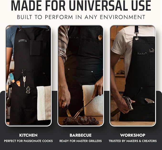 Asaya Chef and BBQ Apron with Bottle Opener and Hand Towel - 10oz Cotton Canvas, Stainless Steel Hardware - Cross Back Straps
