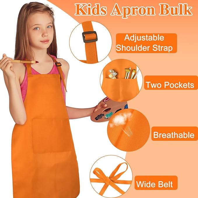 12 Pack Kids Apron bulk with 2 Pockets Adjustable Chef Art Apron Kids Painting Aprons for Cooking Baking Painting Crafting Grilling Activity（12 Color）