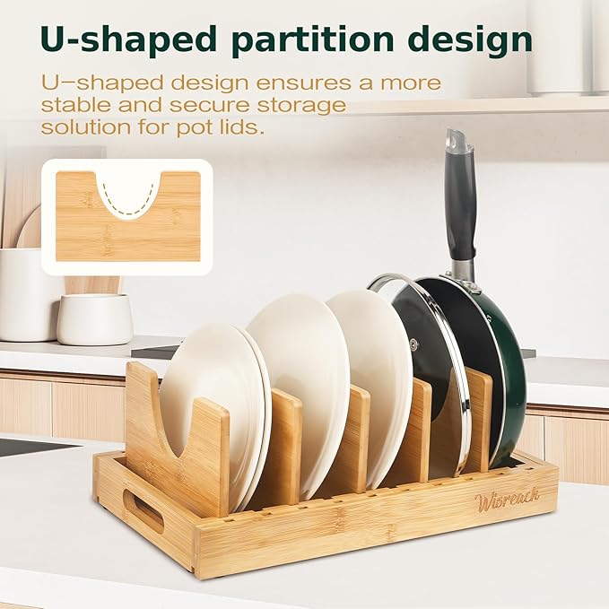 Wisreach Bamboo Pot Lid Organizer, Adjustable Kitchen Organizer for Cabinet, Expandable Pot and Pan Storage Rack, Kitchen Organization for Lids, Bakeware, and Cutting Boards