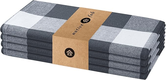 Native Fab Gray Buffalo Check Cloth Napkins, 100% Cotton, Set of 4, 16x16 inches, Plaid Checkered Pattern, Soft, Absorbent, Reusable Table Napkins for Dinner, Wedding, Luncheon, Party, Holiday - Grey