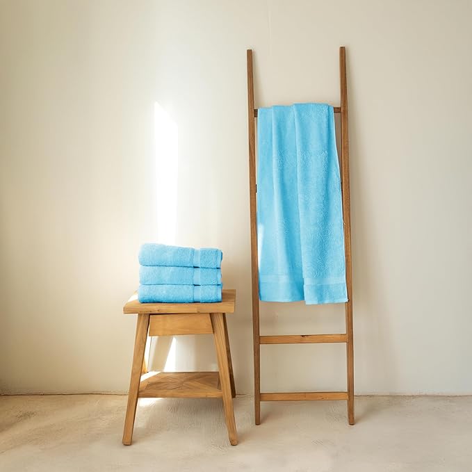 SALBAKOS 100% Turkish Cotton Bath Towel Set of 4 27x54 inch | Heirloom Quality | Hotel & Spa Collection | Ultra Soft, Super Absorbent, Long Lasting Bath Towels | Made in Turkey (Aqua, 4 Bath Towels)