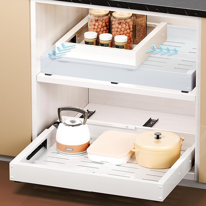 2 Pcs Pull Out Cabinet Organizers, Width (12"-19") and Depth (17"-23") Expandable With 3 Slides, No Drill Slide out Drawers Adhesive Film or Nail Cabinets Without Lip in Kitchen, Bathroom