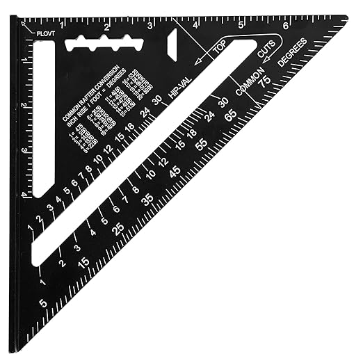 Beslands Carpenter Square 7 inch, Rafter Square Tool Metal Aluminum Alloy for Carpentry Layout Measuring Wood Square Triangle Right Angle 90 Degree Ruler Protractor Black Imperial, Framing Square
