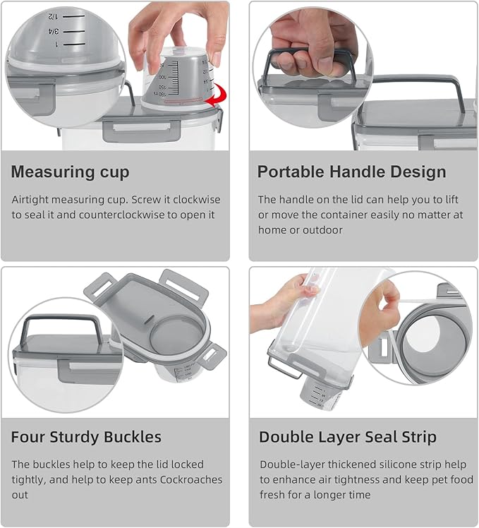 LEAWALK 3-5Lbs Airtight Small Cat Dog Pet Food Storage Containers BPA Free, with Large Pour Spout/1 Measuring Cup/ 4 Safety Locks and Double-layer Silicone Strip (Clear Grey &Clear Blue 4Pack)