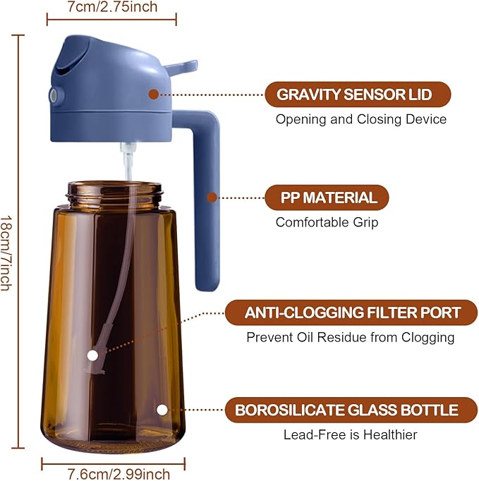 YARRAMATE 2Pcs 16oz/470ml Dark Brown Oil Sprayer for Cooking with Stickers, Food-grade Premium 2 in 1 Olive Oil Dispenser Bottle for Kitchen Gadgets, Air Fryer, Salad, Frying, BBQ (Black&Navy)