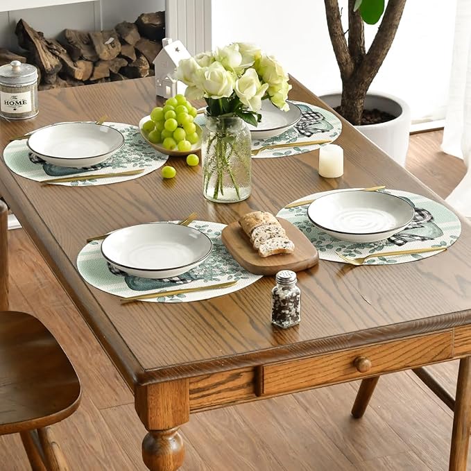 Artoid Mode Eucalyptus Buffalo Plaid Spring Placemats Set of 4, 14 Inch Round Vase Seasonal Table Mats for Party Kitchen Dining Decoration