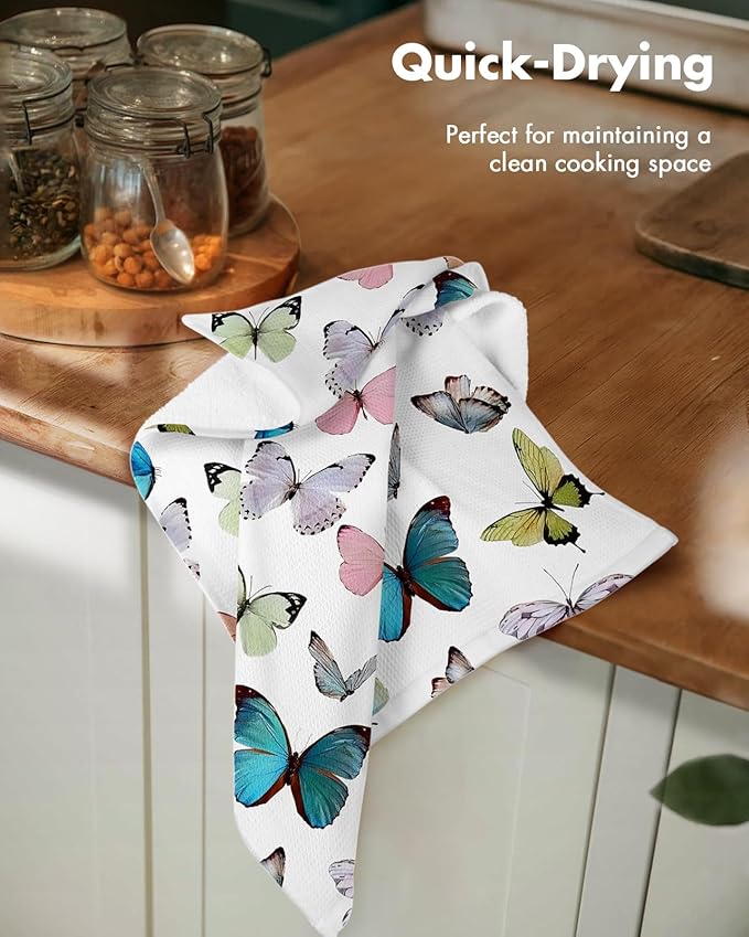 Miss Adola 2pcs Waffle Kitchen Towels - 16x26 Inch Cotton Waffle Weave Dish Cloths Set of 2 with Hanging Loop Absorbent Hand Tea Towels Whimsical Design for Housewarming Gift, Morpho Butterfly