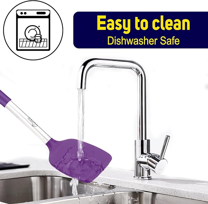 HOTEC Silicone Spatula Set of 2 Heat-Resistant 600°F & BPA-Free Kitchen SaptulaTurner with Stainless Steel Handles, Slotted & Solid Spatulas for Nonstick Cookware, 13.7 Inch, Purple