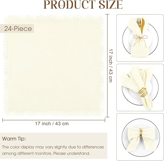 TURSTIN 24 Pieces Cotton Linen Cloth Napkin Handmade Cloth Napkin with Fringe 17 x 17 Inch Soft Cloth Dinner Wedding Napkin Square Rustic Fringe Table Napkin for Dinners, Parties, Weddings, Ivory