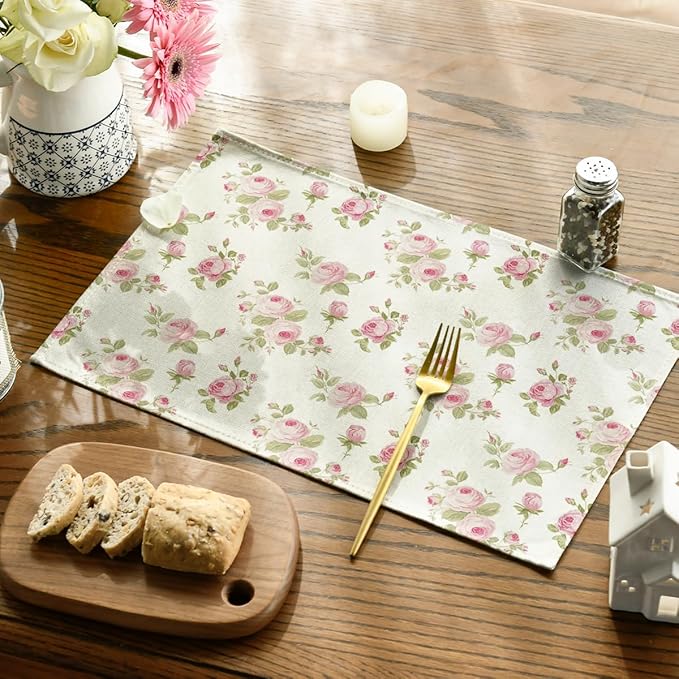 Artoid Mode Floral Rose Spring Placemats Set of 4, 12x18 Inch Seasonal Summer Holiday Pastoral Table Mats for Party Kitchen Dining Decoration