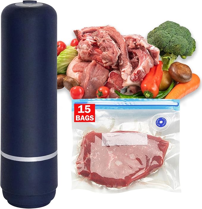 Portable food vacuum sealer,Premium Vacuum Sealer for Food, Compact Food Storage System, 15 Reusable Sous Vide Bags,Handheld Vacuum Sealer for Kitchen, Home, BBQ, Travel& Storage