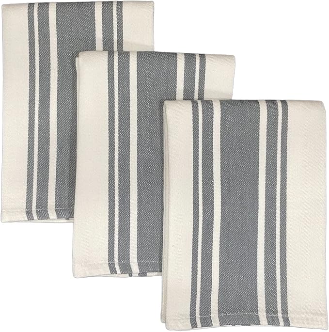Kitchen Towels Set – Pack of 3 (20’’ x 30’’) Extra Large Premium Cotton Dish Towels for Kitchen – Super Striped Towels – Absorbent – 100% Cotton – with Hanging Loop – Dark Grey