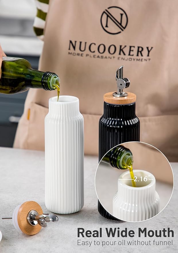 Nucookery 20oz Ceramic Olive Oil Dispenser Bottle for Kitchen spray, Large Capacity Cooking Oil Container for Storage Vinegar, Soy Sauce, Coffee Syrup, Liquids, White