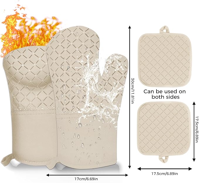 4PCS Oven Mitts and Pot Holders Sets 500°F Pot Holders for Kitchen Heat Resistant Oven Gloves Anti-Slip Silicone Stripe Oven Mitts Heat Resistant Hot Pads Oven Mits Potholders for Kitchens Khaki