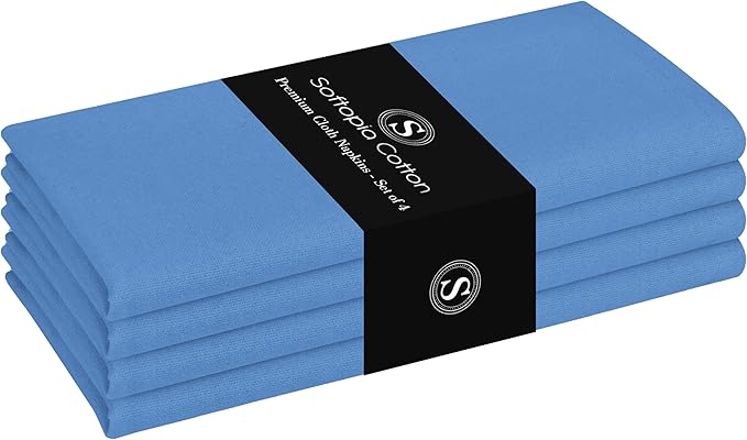 Sky Blue Cloth Napkins 4 Pack, 17x17 Inches, 100% Cotton, Soft, Decorative, Washable Table Linen Decor for Family Meals, Camping, Spring Holidays, Easter Sunday, Light Blue