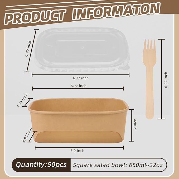 50 Pack 22 oz Paper Food Containers with Lids, Meal Prep Containers Disposable Large Paper Bowls, Microwavable and Freezer Storage Use Cardboard Food Containers