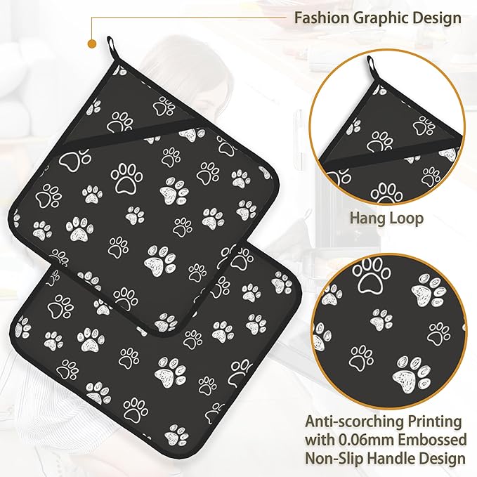 Cute Cat Dog Paw Pot Holder Set of 2,Heat Resistant Potholders Oven Hot Pads for Kitchen Cooking Baking BBQ