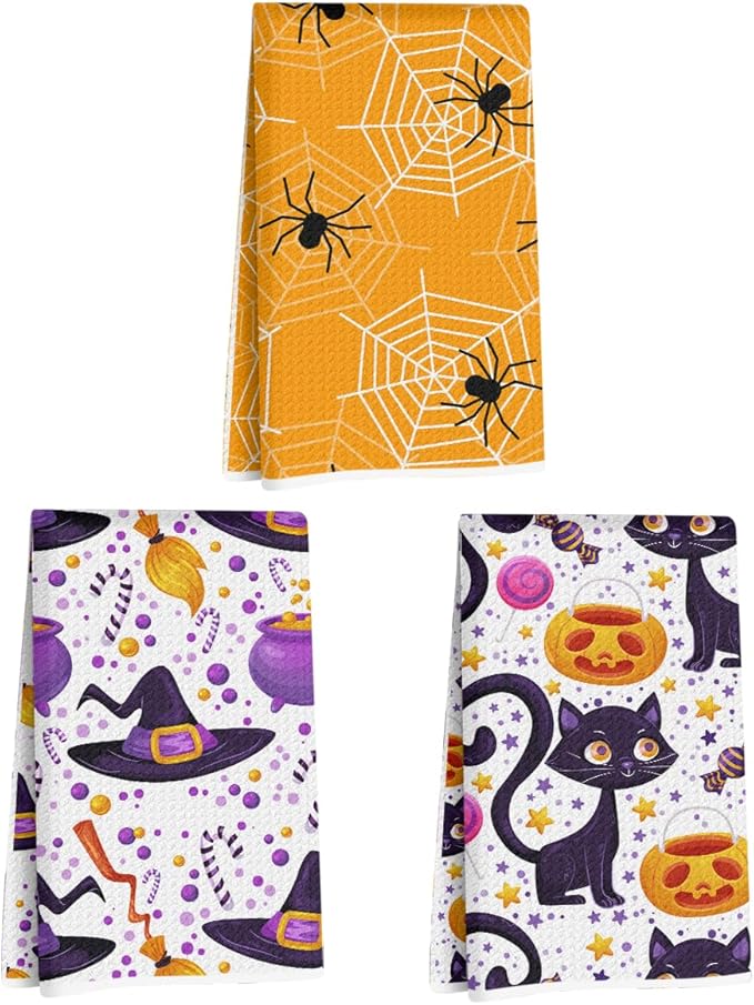 3 Pcs Halloween Themed Kitchen Towels, Spider Net & Cat Decorative Absorbent Microfiber Dish Cloth Tea Towel, Witch Stuff Waffle Hand Towels for Farmhouse Home Bathroom, Halloween Gifts